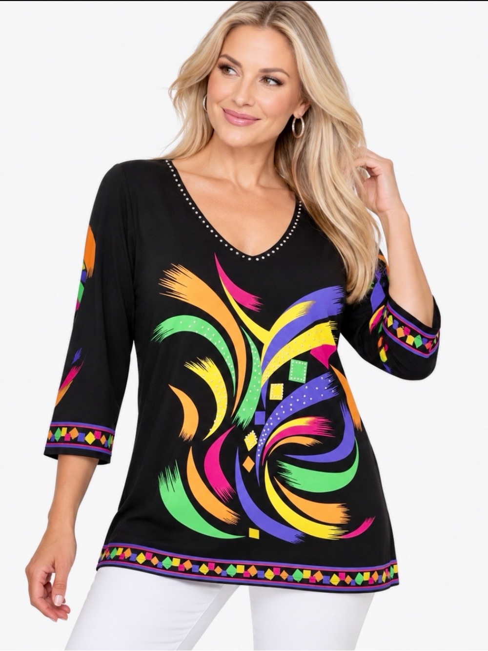 Vintage Valentina Y2K Neon Abstract Rhinestone V-Neck Tunic Top XL Art to Wear
